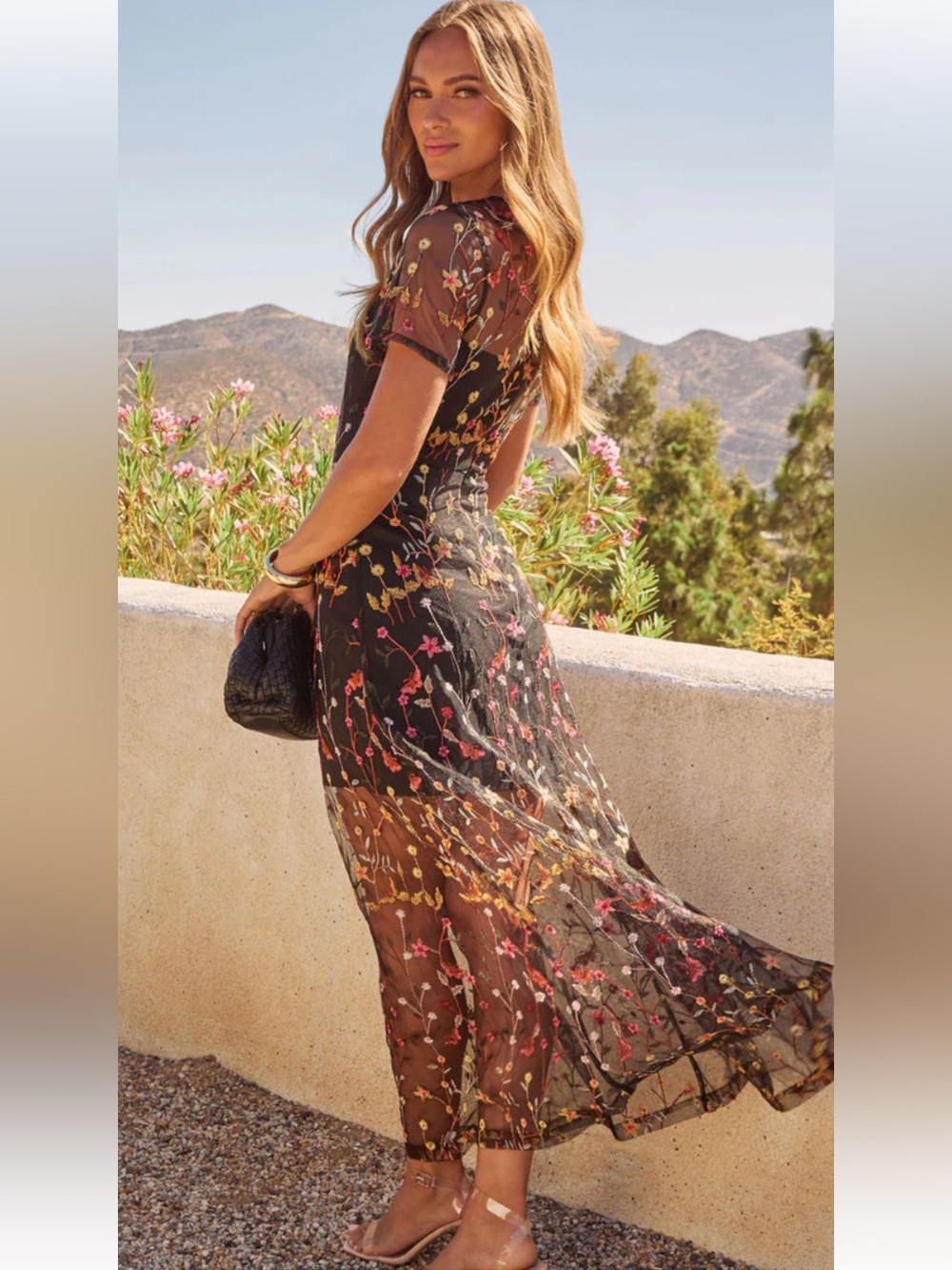 Floral Embroidered Black Maxi Dress with Sheer Overlay - Picture 6 of 15